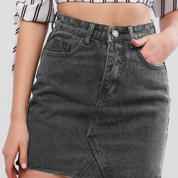 Denim Washed Off Black Mini Skirt Fringe Trim Small Dark Grey Gray Mini Skirt - Picture 4 of 6